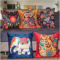 Amazon Brand - Umi Satin 250TC Cushion Pillow Covers, Multicolor, Set of 5 (Owl Elephants, 16X16 Inches)-101