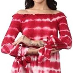 Women's Off Shoulder Tie-Dye Smocked Top – Stylish Bardot Long Sleeve Peasant Blouse with Sleeve Ties – Navy Blue & White – Casual Summer Wear-image-11