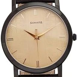 Quartz Analog Golden Dial Leather Strap Watch for Men-NR99701NL01-17