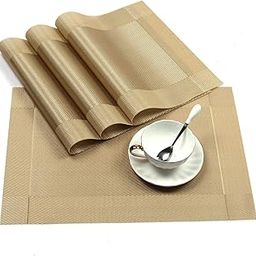 Buyzie Table Runner Mats | Washable, Anti-Skid, Heat & Stain Resistant Placemats for Dining Table | Woven Vinyl PVC Material | Table Decor for Kitchen & Restaurant (2, Golden)-picture-22