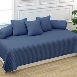 Trance Home Linen 200TC Striped Diwan Set Cotton 6 Piece |Dewaan Bedsheet Sets (Set of 6 Pcs, 1-Bed Sheet 54x88 Inch | 2-Bolster Cover 16x32 Inch | 3-Cushion Cover 16x16 Inch)- Mediterranean Blue-picture-2