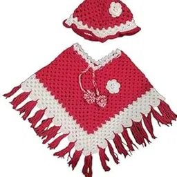 Handknitted Red and white woolen poncho and cap for kids between 3 and 4 years || winterwear-image-1