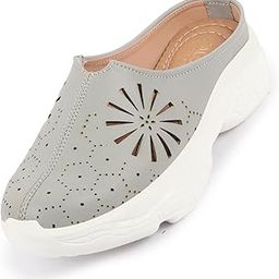 Women's Laser Cut Stitched Breathable Back Open Slip On Mules Shoes-picture-1