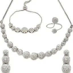 Rhodium-Plated Silver Toned American Diamond studded Necklace, Earrings, Bracelet & Ring Jewellery Set for Girls and Women-4