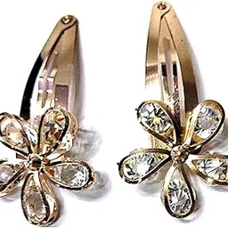 Golden Colour Flower Studded with Crystal Metal Hair Clip/Hair Accessory/Tic Tac Clips for Girls/Women - 2 Pc-image-19