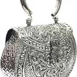 Women's Brass Metal Vintage Handmade Hand Clutch Purse (Silver)-image-43