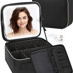 PESOMA Makeup Bag with LED Mirror, Cute Cosmetic Bags Birthday Gifts for Girls Women, Makeup Train Case Artists Organizer Large Make Up Bags with Light Up Mirror 3 Color Lights (Black)-image-85