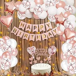 Party Propz Birthday Decoration Items For Girl-53Pcs|Rose Gold Happy Birthday Decoration Items Kit|Rose Gold Foil|Metallic Balloons For Decoration With Cake Toppers|Decoration Items With Lights-image-55