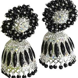 CITARRA Silver Plated Jhumka Earrings with Rainbow Rhinestones & Black Patel Shaped Stones | Ethnic Traditional Dangle Drop Earrings for Women | 50% Brass 50% Alloy-image-9