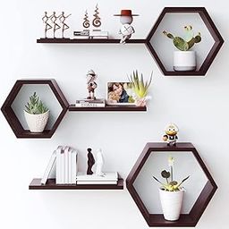METALFY Hexagon Floating Shelves Wall Mounted - Set of 6 MDF Wood Hexagon Shelves Display for Photos,Plants,Honeycomb Shelf for Living Room, Bedroom,Bathroom, Kitchen, Office (Brown)-image-63