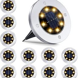12 Pack 8LED Solar Garden Lights Outdoor Waterproof Sidewalk Disk Bright In-Ground Landscape Lighting for Lawn Patio Pathway Yard Steps Deck Walkway (Warm White) (12 Packs)-image-11