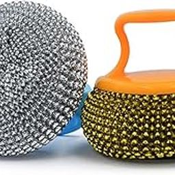 GION Utensil Scrubber with Plastic Handle Dish Bowel Wire Stainless Steel Scouring Pad Utensils Cleaning Scrubber Brush (1Set of 2Pcs)-3
