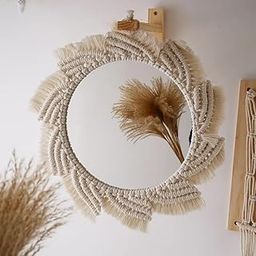 Wagon Brand | Handmade Cotton Macrame Wall Hanging Mirror with Boho Fringes, Bohemian Art Decorative Aina for Make-Up, Dressing, Living Room, Bedroom, Off-White, Dia 18 Inches, Style 2275-32-picture-8