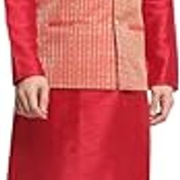 Men's Ethnic Wear Silk Maroon Kurta Churidar With Self Woven Jacquard Nehru Jacket Set-image-47