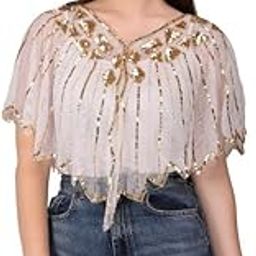 King fashion Women Hand Beaded Embellished V-Neck Poncho Cape for Women, Floral Pattern Loose Capelets Dress shoulder, Beachwear Ponchos Capes (Gold White)-picture-15