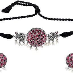 Traditional Silver Oxidised Jewellery Set Silver Choker Set | Threaded Peacock Shaped Stone Choker Necklace Set | Birthday Gift For Girls and Women Anniversary Gift for Wife-image-124