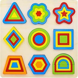 WISHKEY Wooden Shapes Puzzle Learning Toy, Montessori Brain Teaser Puzzle Board with 9 Geometric Shapes, Interactive Game Educational Toys for Kids, Multicolour, 3+ Years (Pack of 1)-10