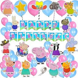 FI - FLICK IN 58 Pcs Peppa Theme Decoration Happy Birthday Pig Banner 1st Decoration Items Cartoon Cutouts for Photoshoot Props & Cake Topper (Pack of 58, Multicolor)-image-11