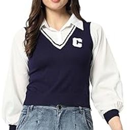 Women's Retro Style Ribbed Knitted Puff Long-Sleeve Fake Two-Piece Polo Collar T-Shirts Top Sweater Vest D54138-2-image-77