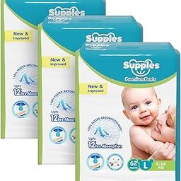 Amazon Brand - Supples Premium Baby Diaper Pants | 186 Baby Diapers | Large | 9-14 Kg | 62 x 3 Packs | 12 Hrs Absorption | Cushiony Cotton Soft Fabric | Phthalates-Free | Triple Leak Guard-18