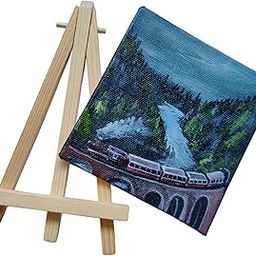 BHAGATH ART STUDIO Miniature Train Landscape Canvas Painting with Wooden Display Easel, 10.6 x 10.6 cm-image-47