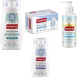 BabyHug Combo Pack of 4 Items | 1 Milk Protein Formula Daily Tear Free Milky Shampoo-200 ml + 1 Daily Rich Moisturising Milky Soap - 75 g x 2 + 1 Milk Protein Daily Moisturising Milky Lotion - 200 ml + 1 Mineral Oil Free Daily Massage Oil 200 ml-33