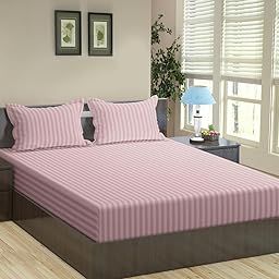 Trance Home Linen 100% Cotton 78x72 inch King Fitted 200TC Satin Stripe Elastic Fitted Bedsheet | Bedroom Hotels Daily Use Fitted Bedspread with 2 Pillow Covers (78"x72" | 6.5x6 feet, Cameo Rose)-image-74