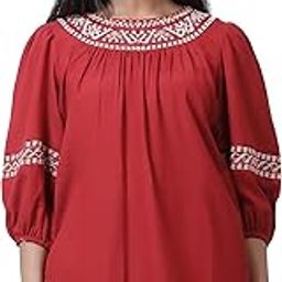 Red Embroidered Print Rayon Straight Top-image-0