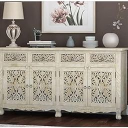 Vintage Hand-Carved Wooden Sideboard 4-Door Solid Wood Storage Cabinet with Ornate Lattice Design, Distressed Grey Finish, Rustic Buffet Console for Living Room, Dining Room-image-14