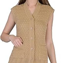 Women Woolen Cardigan Sleeveless Self Design Cardigan Daffodil Fabric Winter Wear Pure Wool Cardigan 100% Daffodil Wool Free Size Cotty Fully Warm with Front Pockets (L, Skin)-15