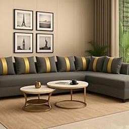 FURNY Premium Maddix 6 Seater Fabric RHS L Shape Sofa Set for Living Room (Light Grey)-image-27