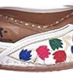 Women Beautiful White Cushioned Punjabi Jutti Handcrafted with Love | Pure Leather Comfort Famous Leafy designed Unique Multicolor Moccasins | Ladies Mojaris (Available in UK Size- 3, 4, 5, 6, 7)-image-1