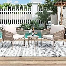 City Outdoor 3 Piece Patio Rope Bistro Set Outdoor Indoor Woven Rope Conversation Balcony Furniture Set with Glass Top Table and Cushion Chairs for Garden with Metal Powder Coated (Modern, CO3)-image-88