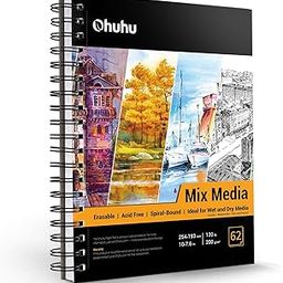 Ohuhu Mix Media Pad, Ohuhu 10"x7.6" Mixed Media Art Sketchbook 120 LB/200 GSM Heavyweight Papers 62 Sheets/124 Pages Spiral Bound Mixed Media Paper Pad for Acrylic Watercolor Painting Pen and Pencil-4