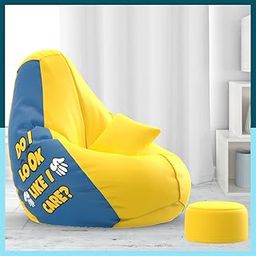Biggie Bean Bag with Beans Filled 5XL Bean Bag with Free Cushion and Footrest - Official : WhimsyWrap Combo (Matching Color : Printed, Do i Care - Yellow Blue)-image-39