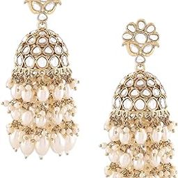 Gold Tone Kundan & Cluster Pearl Drop Traditional Jhumka Earring For Women-ZPFK16735-57