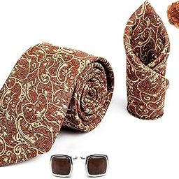 Mens Plaid Pasiley Silk Necktie Gift Set With Pocket Square Cufflinks & Brooch Pin Formal Tie With Leatherite Box (PARRX Free Size) | (Leather Gift Box) (Pack of 4)-image-99