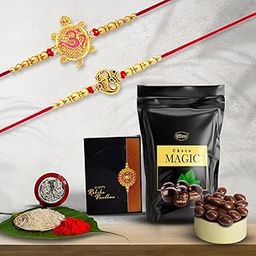 DeoDap (K2_1+2_BS) Multicolor Rakhi Combo with Effete Chocolate Butter Scotch , Silver Color Pooja Coin, Roli Chawal & Greeting Card, Occasion, stylish rakhi for brother, Rakhi & Chocolate for brother, rakhi brother, rakhi with gift, handmade rakhi, Set of 2 Rakhi-27