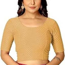 Round Neck Dobby Stretchable Elbow Sleeve Readymade Saree Blouse for Women Stylish-picture-42
