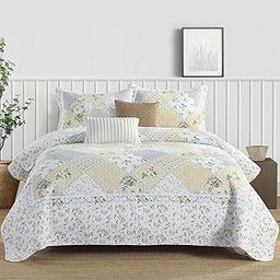 Finlonte Floral King Size Bedspreads - 100% Cotton King Bedspread Coverlet Reversible Bedding Set, Lightweight Farmhouse California King Quilted Bedspread, White/Grey/Beige, 120"x120", 3 Piece-image-6