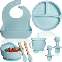 Qlect Silicone Baby Feeding Set, Baby Led Weaning Supplies, Eating Essentials Utensils with Suction Plate and Bowl, Pocket Bib, Sippy Cup with Lid, Forks Spoons for 6+ Months-image-87