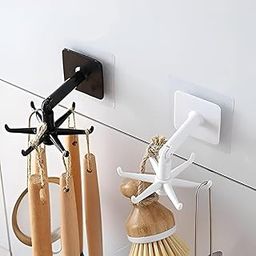 360° Rotating Wall Hook with 6 Folding Arms – Self-Adhesive Organizer for Kitchen, Bathroom, Closet, Bedroom – No Drilling, Space Saving Hanger(Black and White) (2)-2