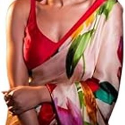 Women's satin allover digital print saree(Multi floral with print with orange border), Saree with unstitch plain orange blouse piece, Smooth shiny skin friendly fabric saree for settled look-picture-11