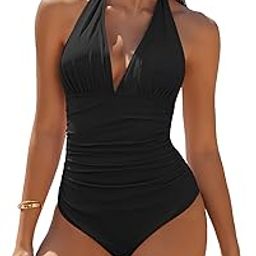 Women's One Piece Swimsuit Tummy Control Halter Ruched Bathing Suits-image-14