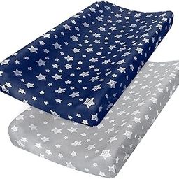 Changing Pad Cover for Boys Girls 2 Pack, Lovely Print Soft Unisex Diaper Change Table Sheets, Fit 32"/34''x16" Contoured Pad, Comfy Cozy 2-Pack Cradle Sheets, Grey & Navy-image-51