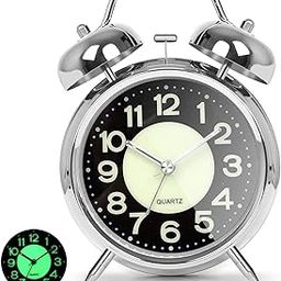 Table Clock Alarm Super Loud for Heavy Sleepers Retro Twin Bell Metal Frame Clock with Night Backlight Function Bedside Luminous Alarm for Bedroom/Office (Silver Redium 11.4cm)-16