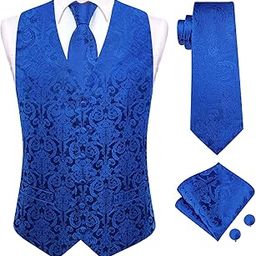 Mens Suit Vest and Tie Set Paisley Floral Silk V-neck Waistcoats for Men with Necktie Wedding Tuxedo, Royal Blue, X-Large-image-40