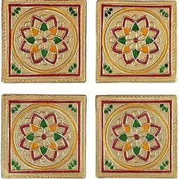 Wooden Chowki for Pooja | Hand-Painted Bajot Bajot for Mandir | Traditional Square Meenakari Chowki for Temple, Home Decor & Festivals 3x3 Inch (Pack of 4)-image-34