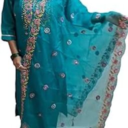 Women's Embroidered Turquoise Kurti Set, Floral Mirror Work Design, Traditional Indian Dress | Size L-image-2