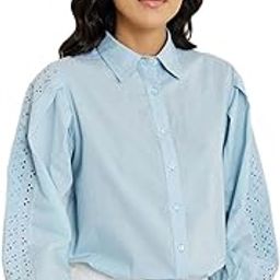 Women’s Embroidered Shirt | Regular Fit Linen Blend Longline Shirt with Spread Collar & Long Sleeves | Casual & Elegant Wear for Women & Girls-4